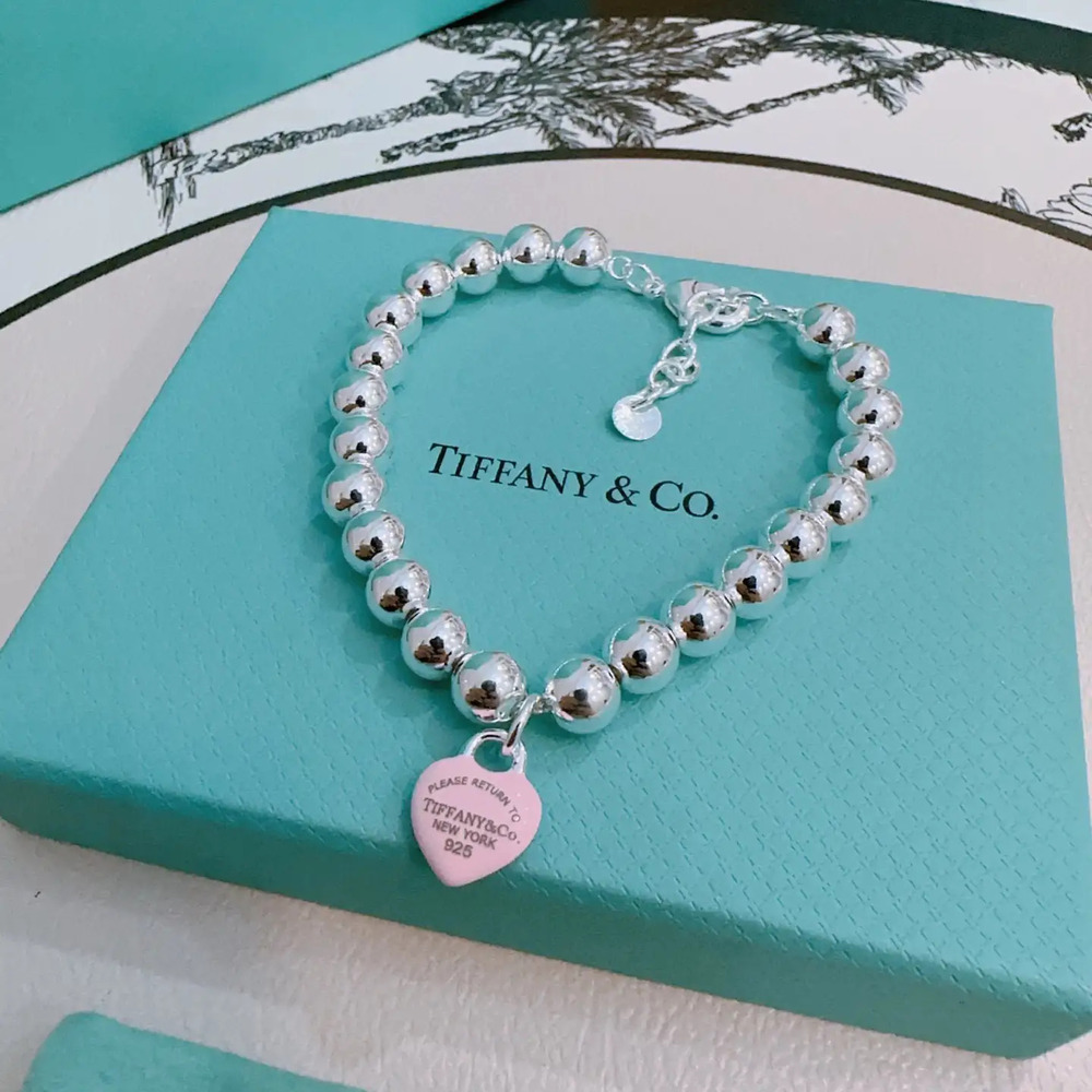 Tiffany & Co. Pink Heart Silver Bead Bracelet